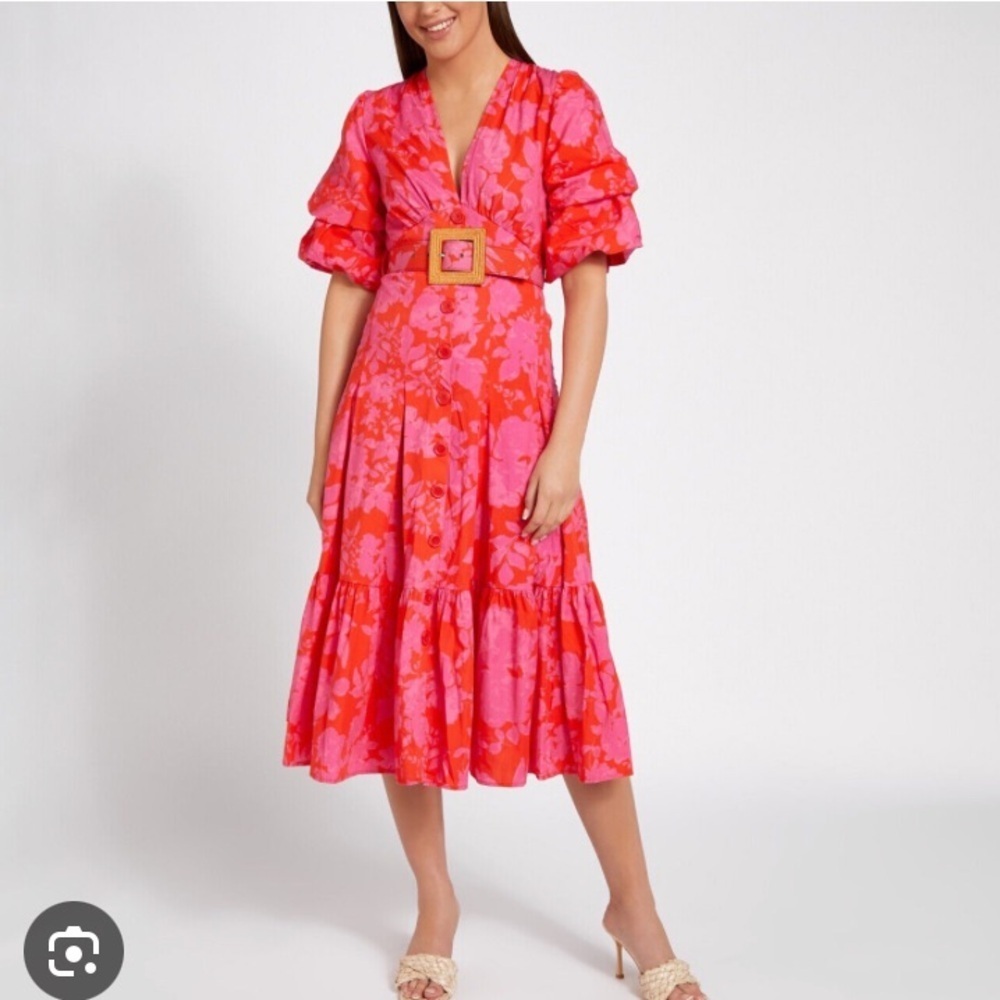 Savida Midi Dress NWT Red Pink Floral Puff Sleeve Belted Midi Tiered Ruffle
